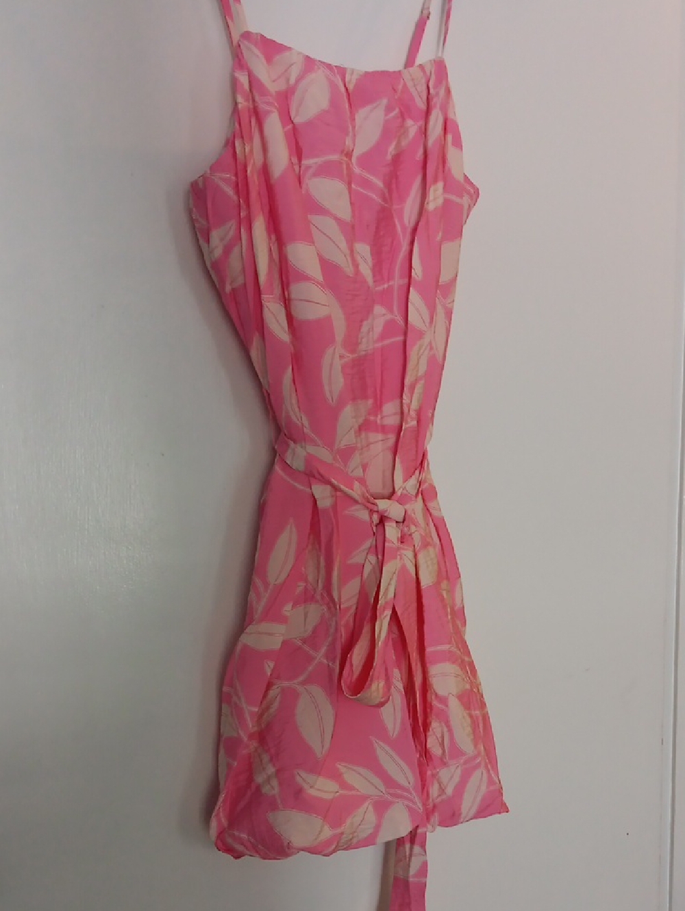 LOFT Pink Leaf-Print Mini Dress with Tie Waist